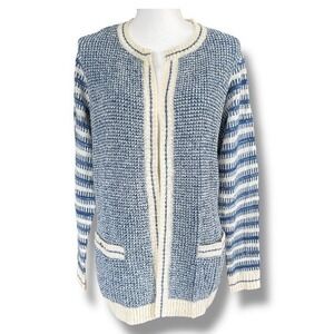 Susan Graver Cardigan‎ Sweater Medium Blue White Knit Open Front Pocket